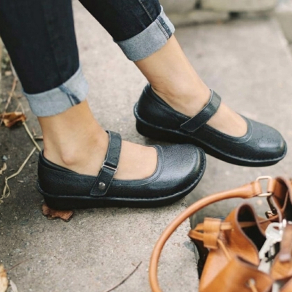 Alegria Leather Black Textured Slip On Mary Jane Clog Shoes 40 Paloma Flat P531